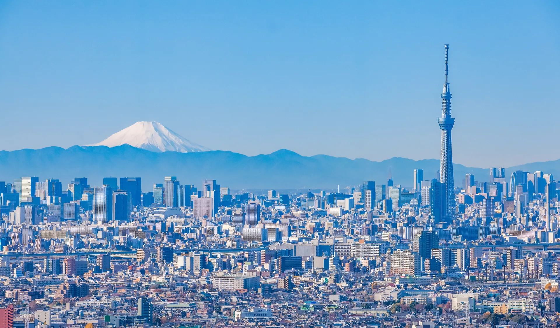 The Tokyo Skytree rising above the Tokyo skyline, with Mount Fuji in the distance.