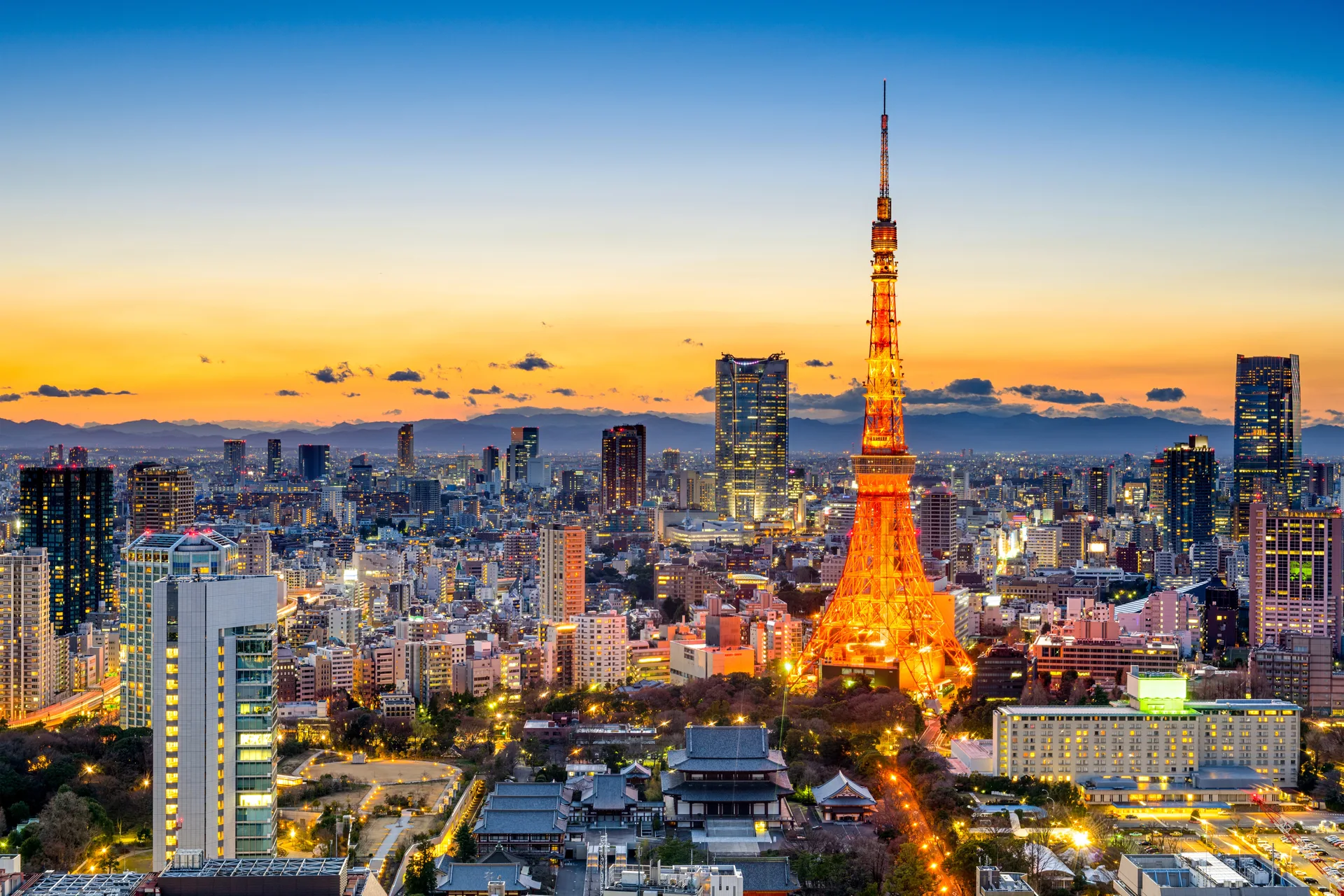 The red-and-white Tokyo Tower lit up above the city skyline at dusk.