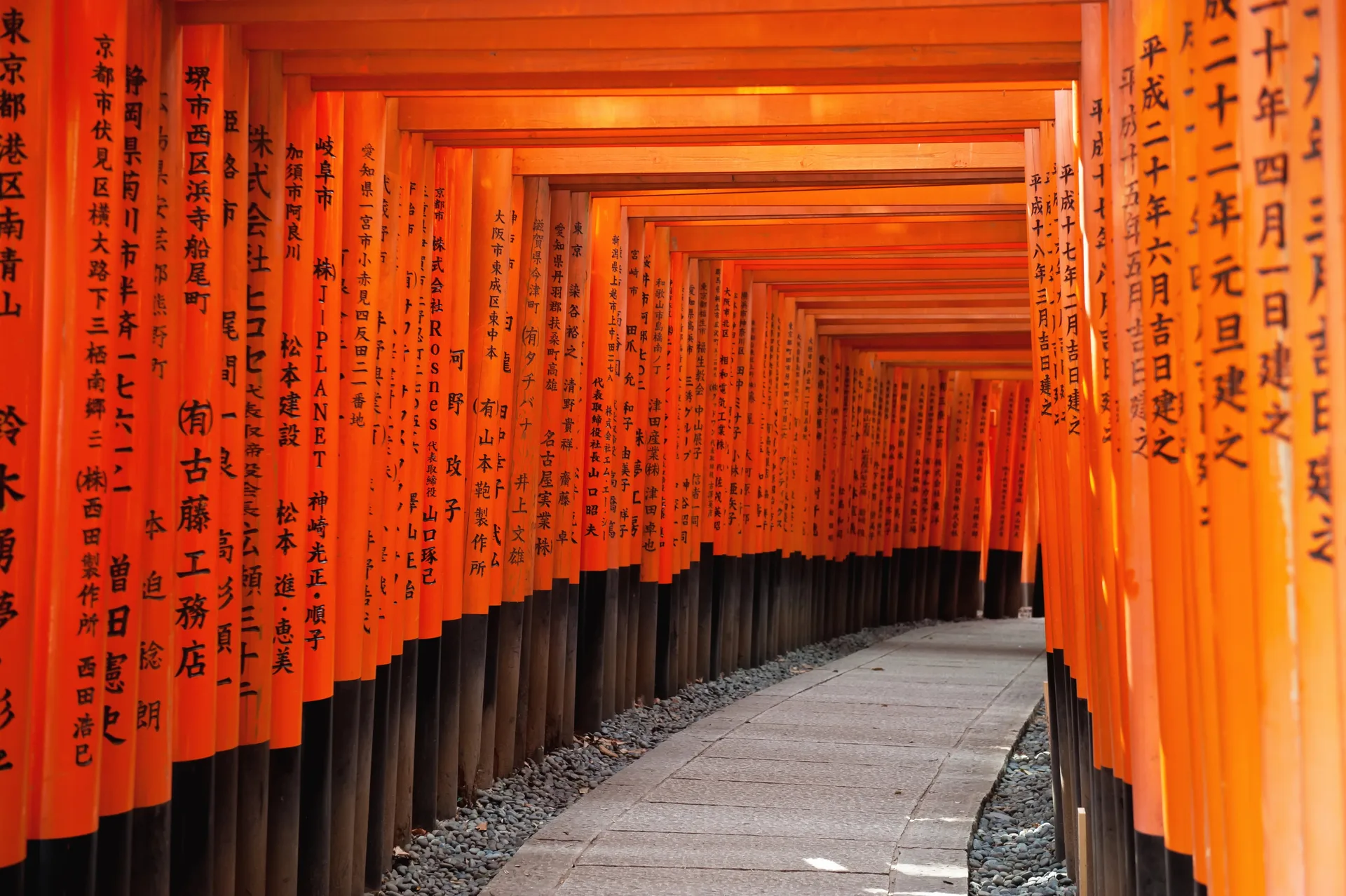 A tunnel of densely-packed vermilion torii gates along the mountain path at Fushimi Inari shrine in Kyoto.